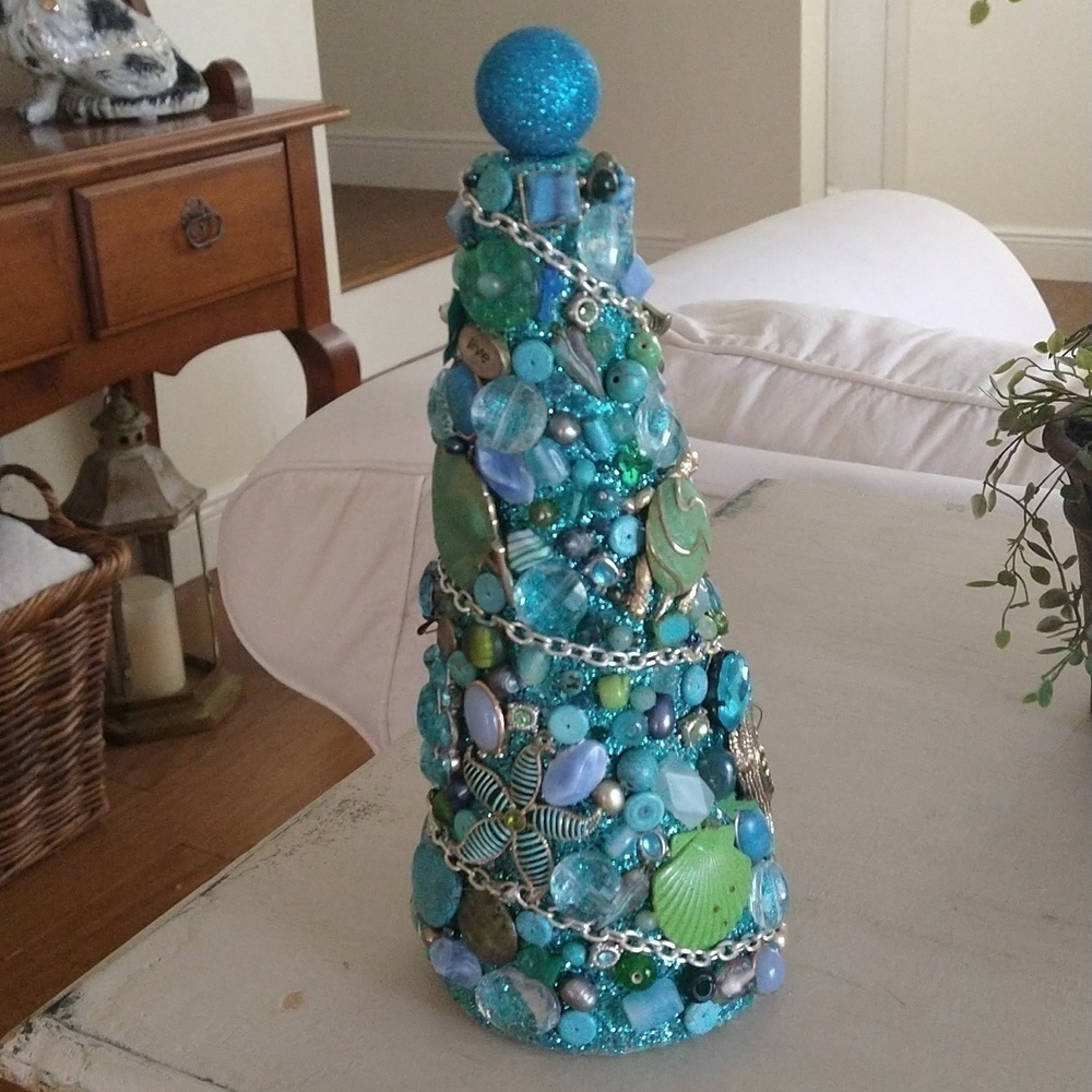 Vintage decor repurposed jewelry Christmas tree blue aqua green 10" tall